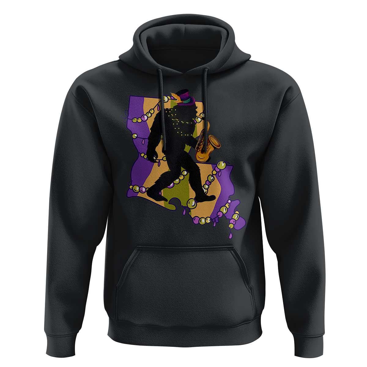 Funny Bigfoot Mardi Gras Louisiana Map Jazz Music Hoodie