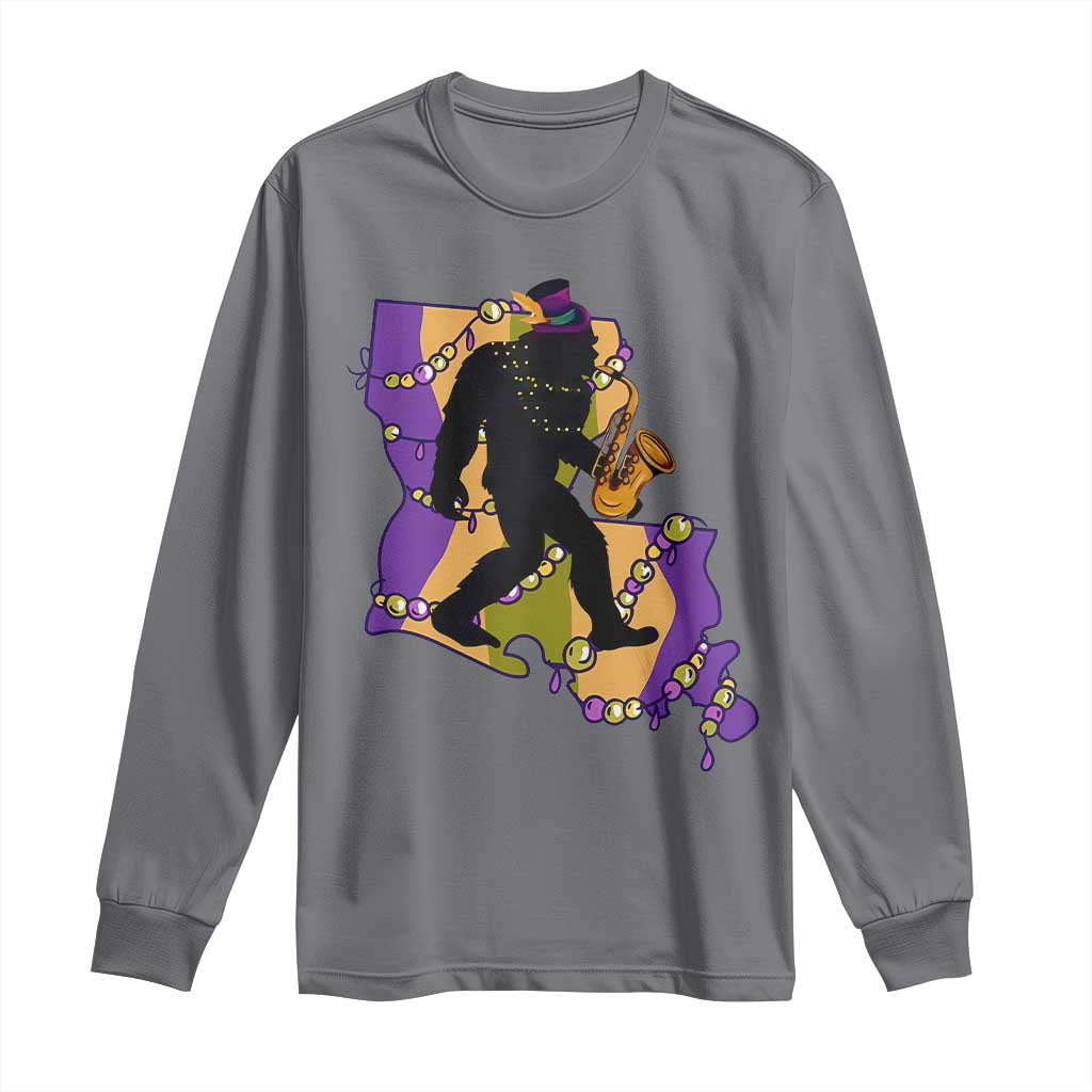 Funny Bigfoot Mardi Gras Louisiana Map Jazz Music Long Sleeve Shirt