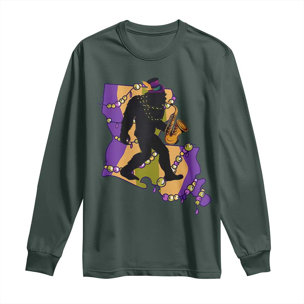 Funny Bigfoot Mardi Gras Louisiana Map Jazz Music Long Sleeve Shirt