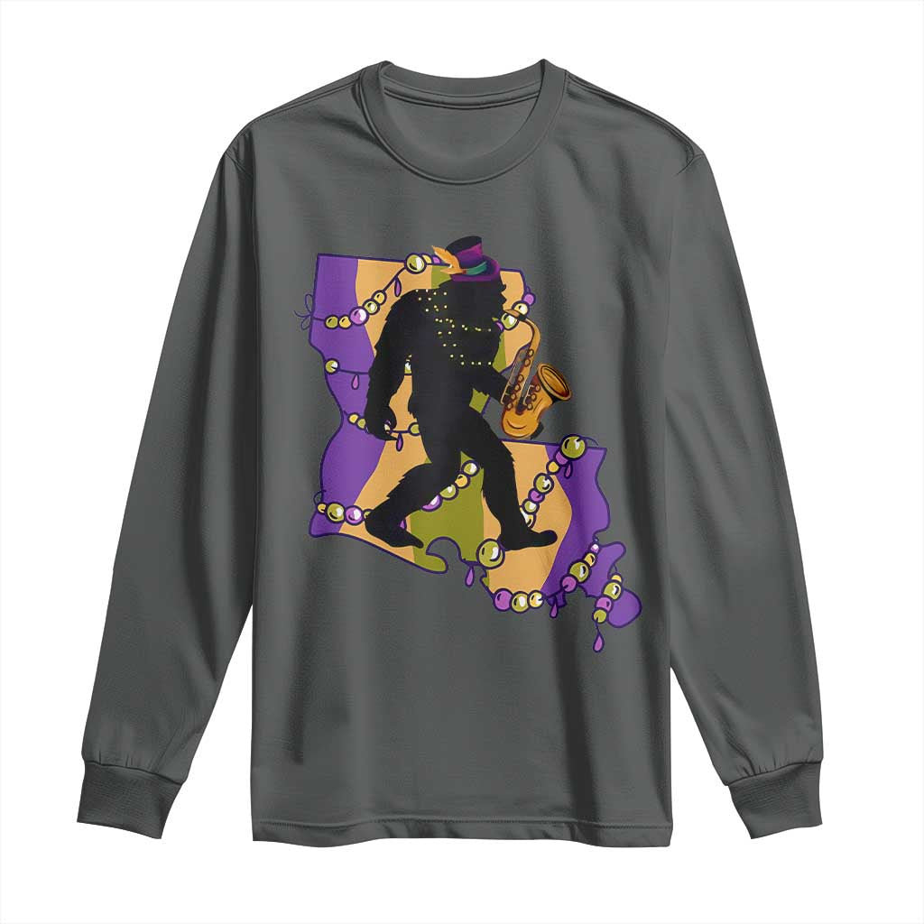 Funny Bigfoot Mardi Gras Louisiana Map Jazz Music Long Sleeve Shirt