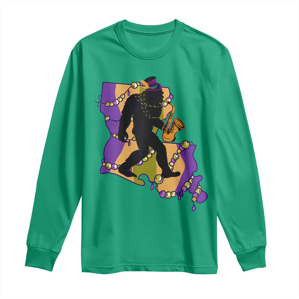 Funny Bigfoot Mardi Gras Louisiana Map Jazz Music Long Sleeve Shirt