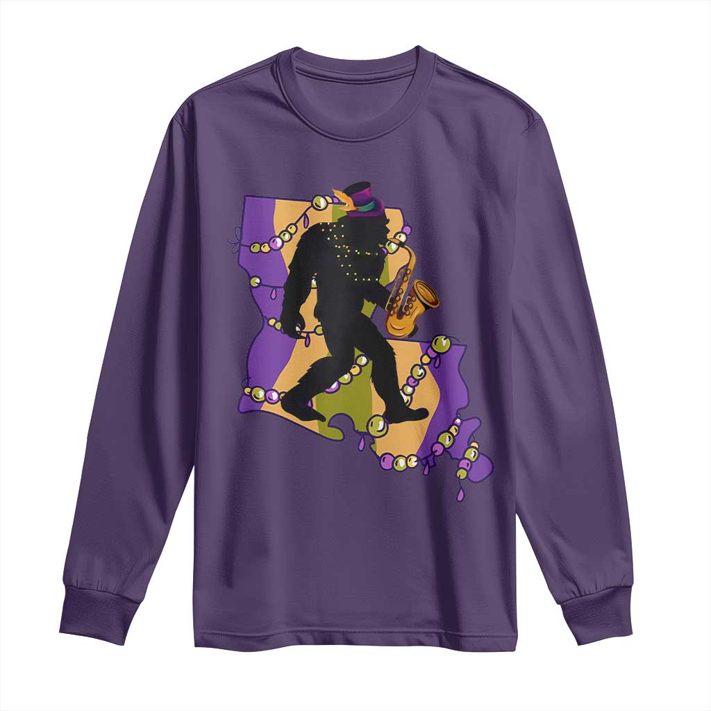 Funny Bigfoot Mardi Gras Louisiana Map Jazz Music Long Sleeve Shirt