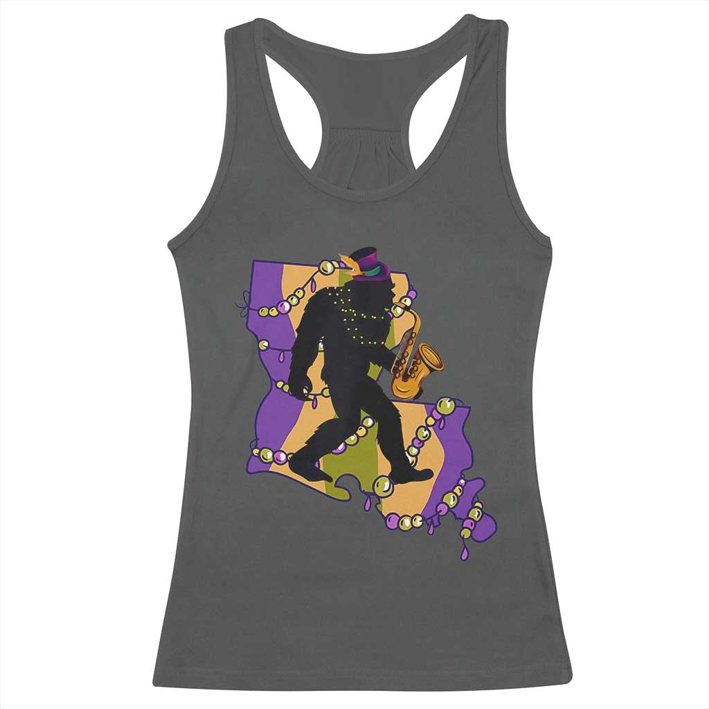 Funny Bigfoot Mardi Gras Louisiana Map Jazz Music Racerback Tank Top