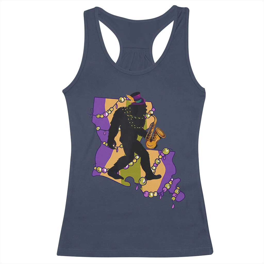 Funny Bigfoot Mardi Gras Louisiana Map Jazz Music Racerback Tank Top