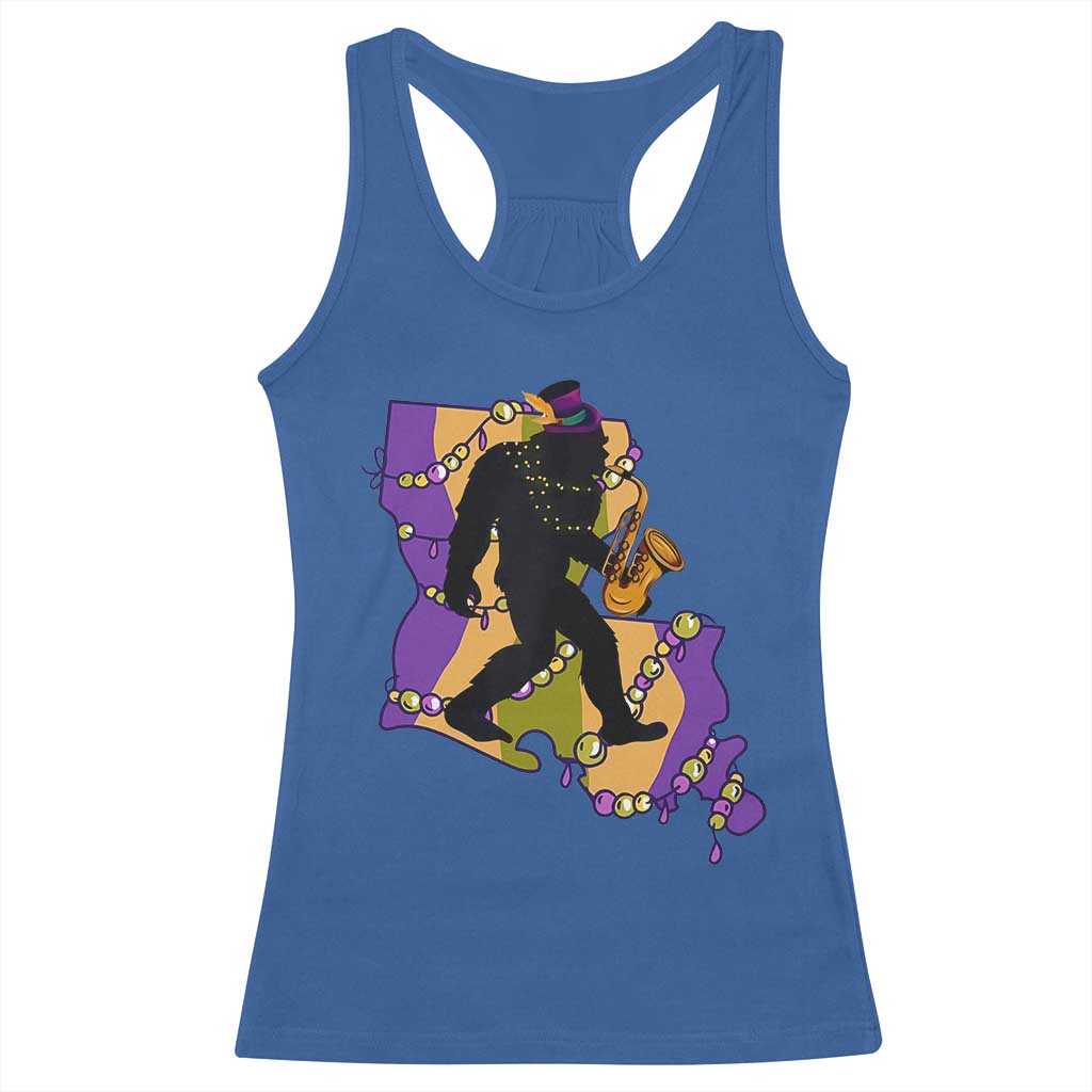 Funny Bigfoot Mardi Gras Louisiana Map Jazz Music Racerback Tank Top