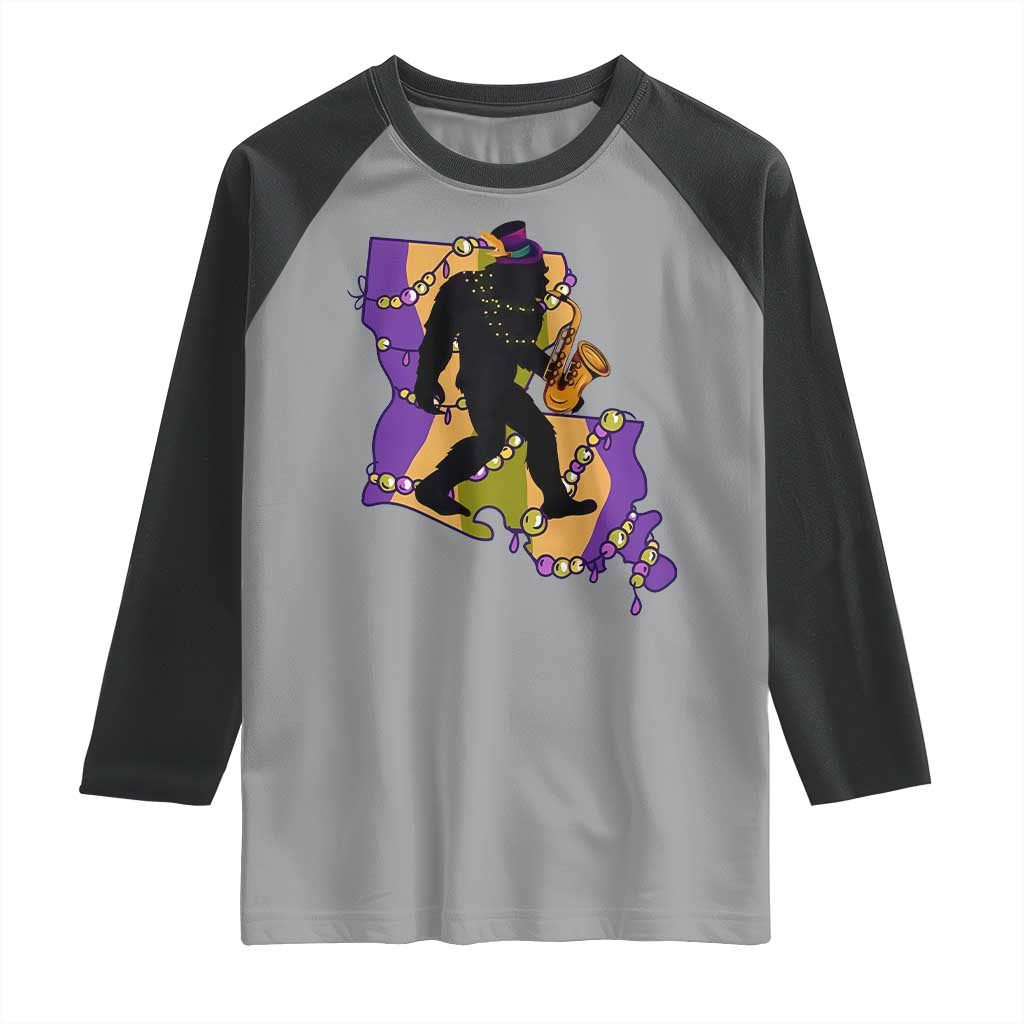 Funny Bigfoot Mardi Gras Louisiana Map Jazz Music Raglan Shirt