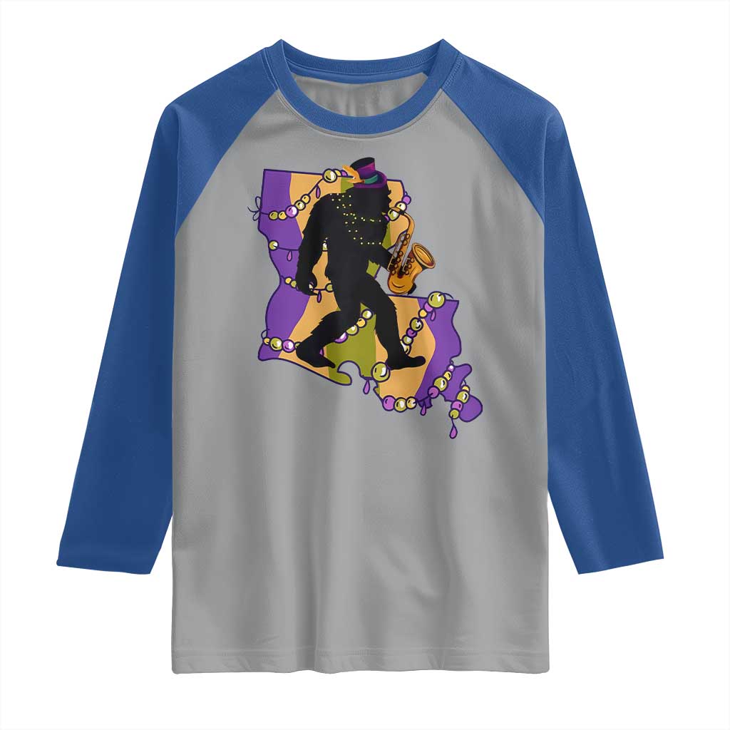 Funny Bigfoot Mardi Gras Louisiana Map Jazz Music Raglan Shirt