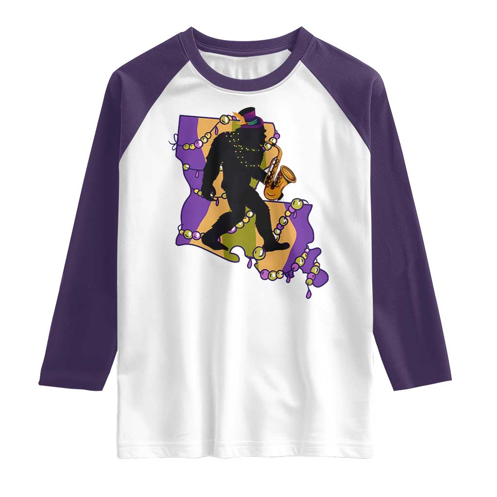 Funny Bigfoot Mardi Gras Louisiana Map Jazz Music Raglan Shirt