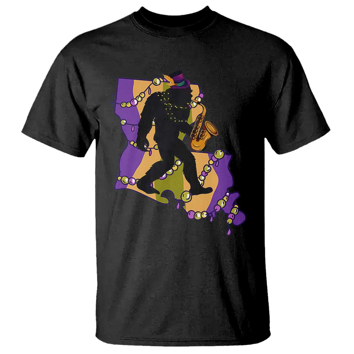 Funny Bigfoot Mardi Gras Louisiana Map Jazz Music T Shirt