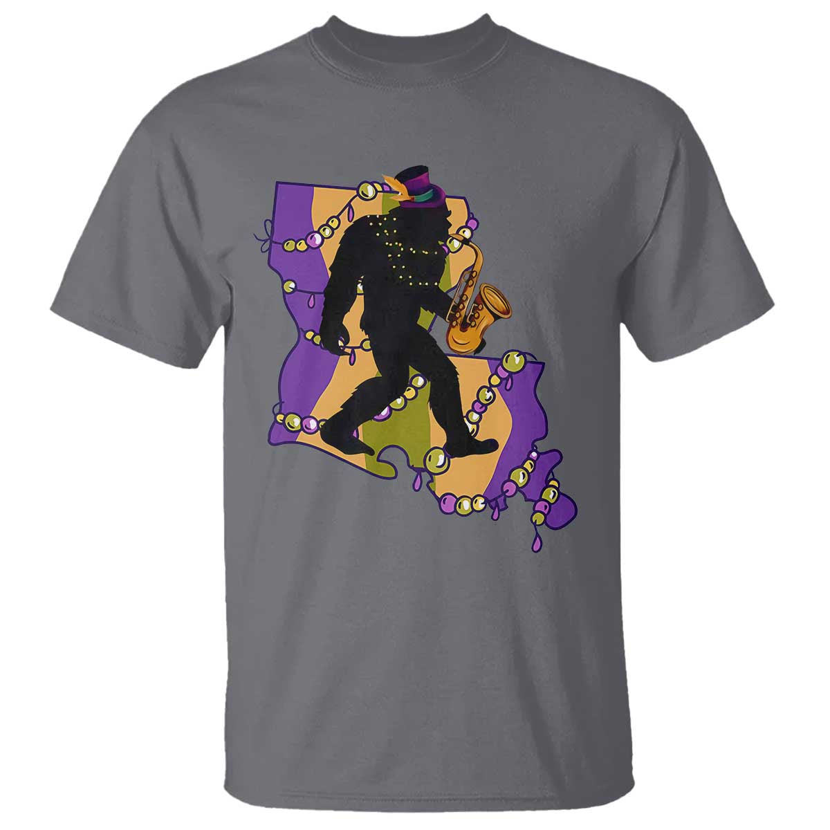 Funny Bigfoot Mardi Gras Louisiana Map Jazz Music T Shirt