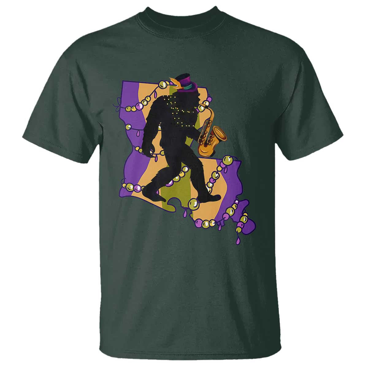 Funny Bigfoot Mardi Gras Louisiana Map Jazz Music T Shirt