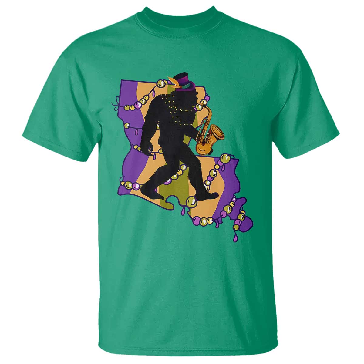 Funny Bigfoot Mardi Gras Louisiana Map Jazz Music T Shirt