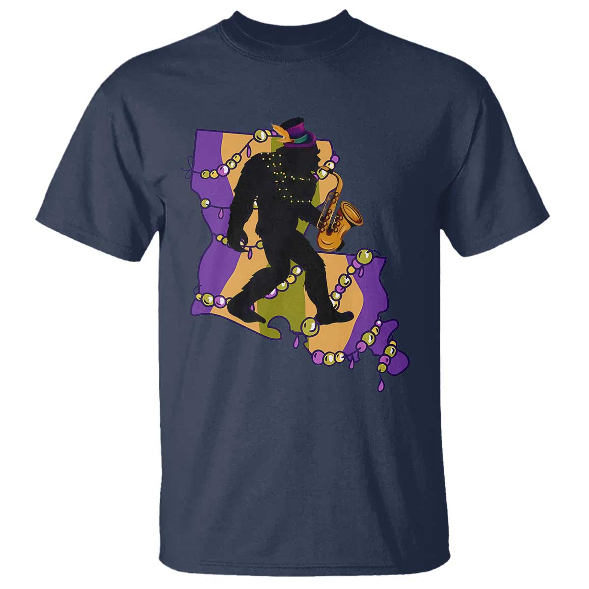 Funny Bigfoot Mardi Gras Louisiana Map Jazz Music T Shirt
