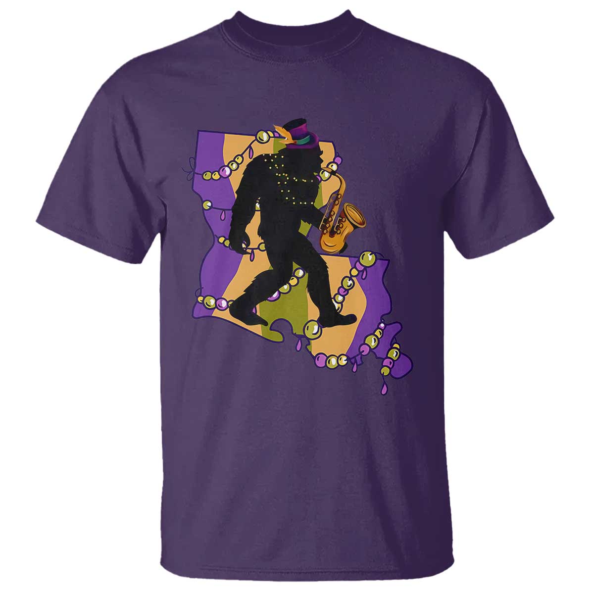Funny Bigfoot Mardi Gras Louisiana Map Jazz Music T Shirt