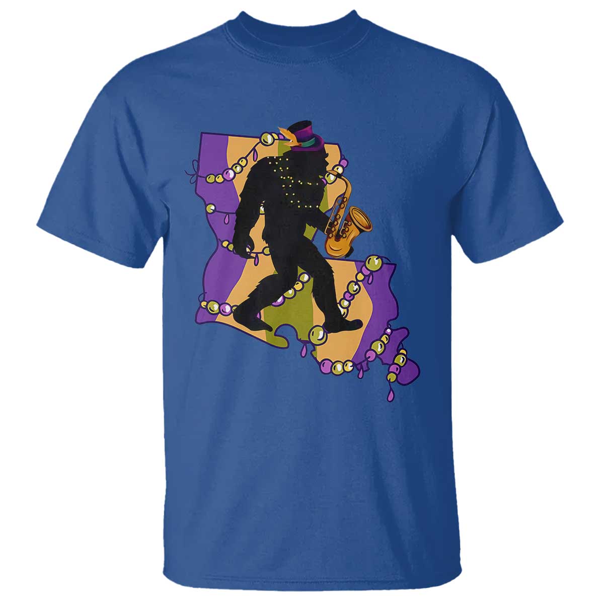 Funny Bigfoot Mardi Gras Louisiana Map Jazz Music T Shirt