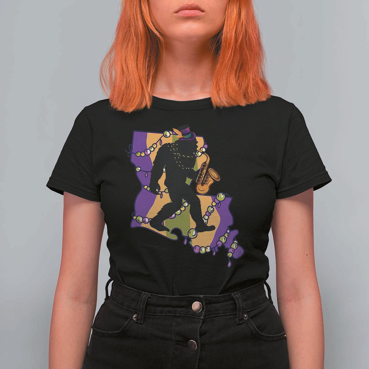 Funny Bigfoot Mardi Gras Louisiana Map Jazz Music T Shirt For Women