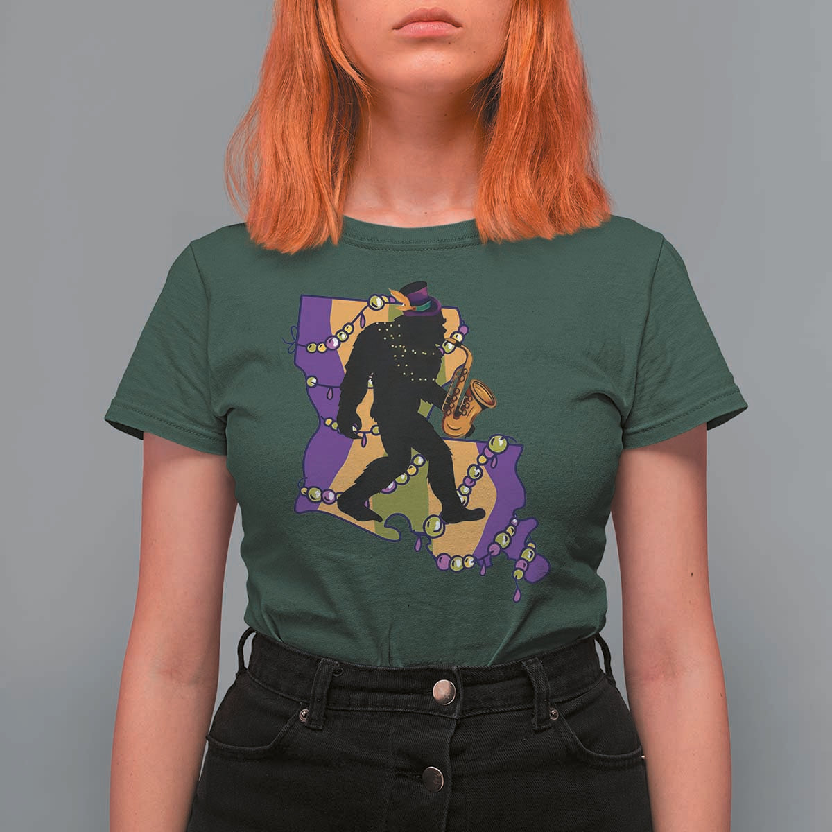 Funny Bigfoot Mardi Gras Louisiana Map Jazz Music T Shirt For Women