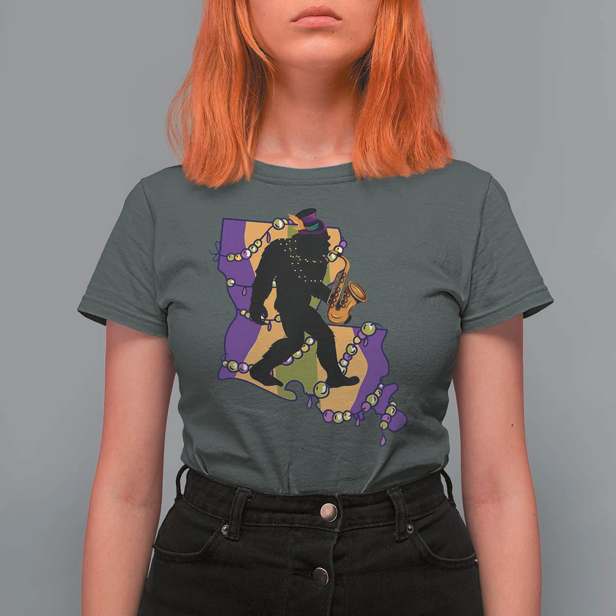 Funny Bigfoot Mardi Gras Louisiana Map Jazz Music T Shirt For Women