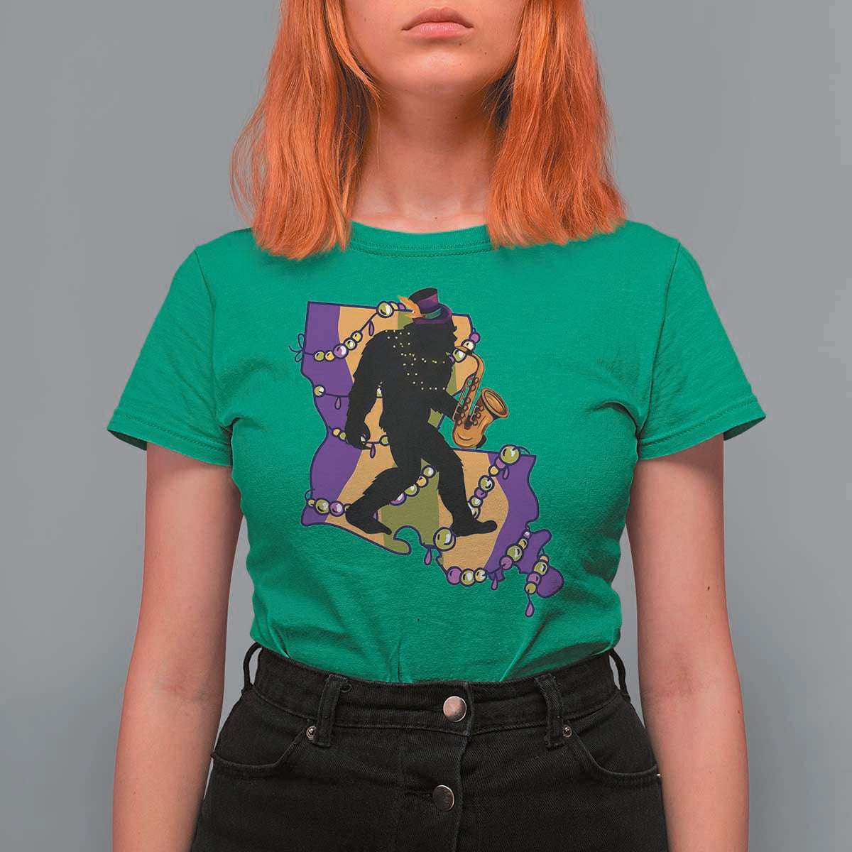 Funny Bigfoot Mardi Gras Louisiana Map Jazz Music T Shirt For Women
