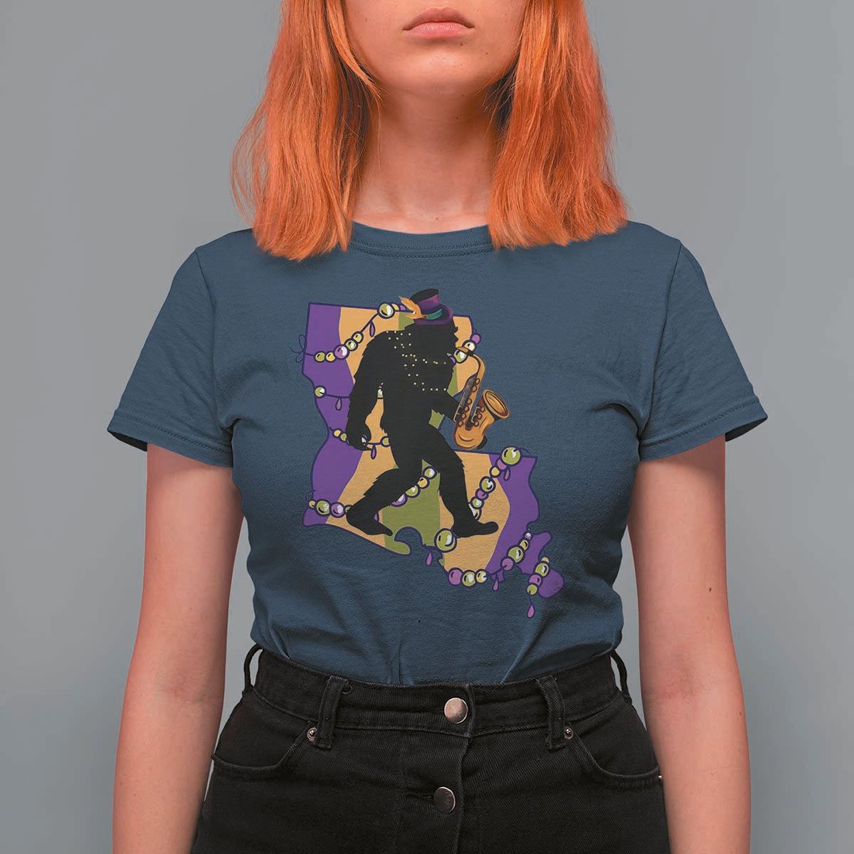 Funny Bigfoot Mardi Gras Louisiana Map Jazz Music T Shirt For Women