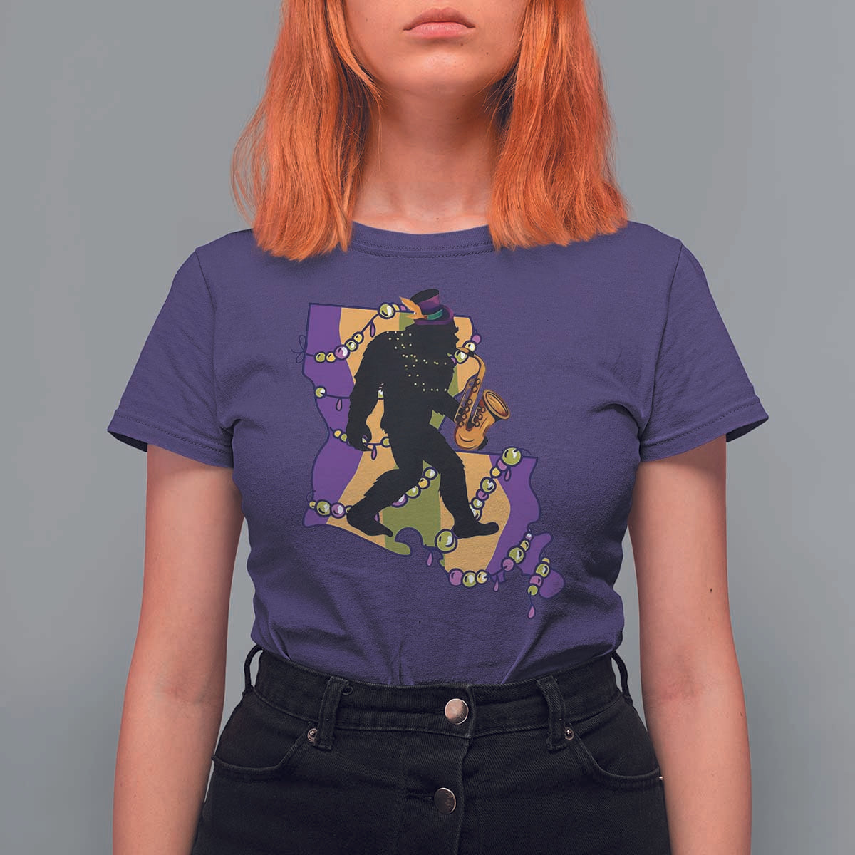 Funny Bigfoot Mardi Gras Louisiana Map Jazz Music T Shirt For Women