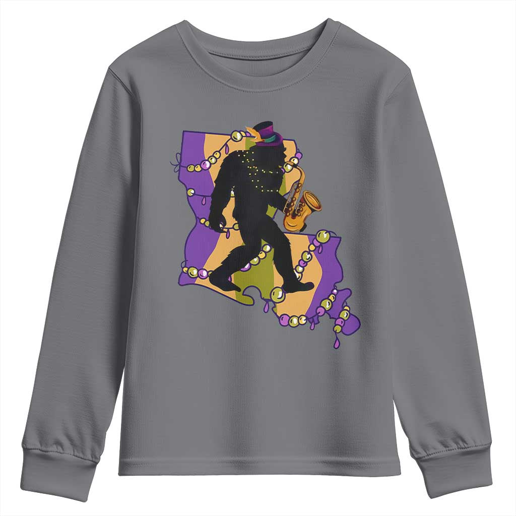 Funny Bigfoot Mardi Gras Louisiana Map Jazz Music Youth Sweatshirt