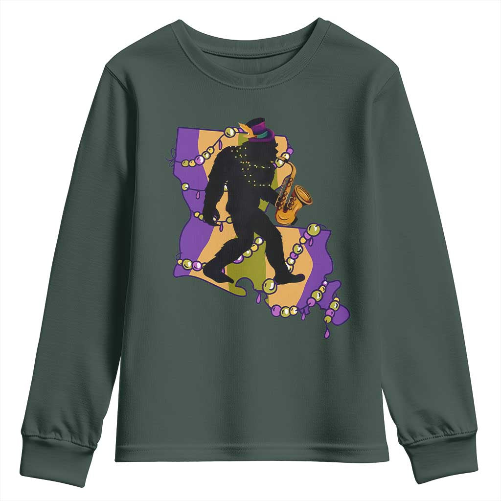 Funny Bigfoot Mardi Gras Louisiana Map Jazz Music Youth Sweatshirt