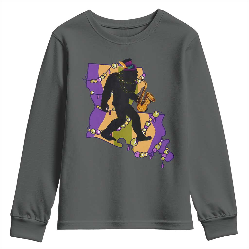 Funny Bigfoot Mardi Gras Louisiana Map Jazz Music Youth Sweatshirt