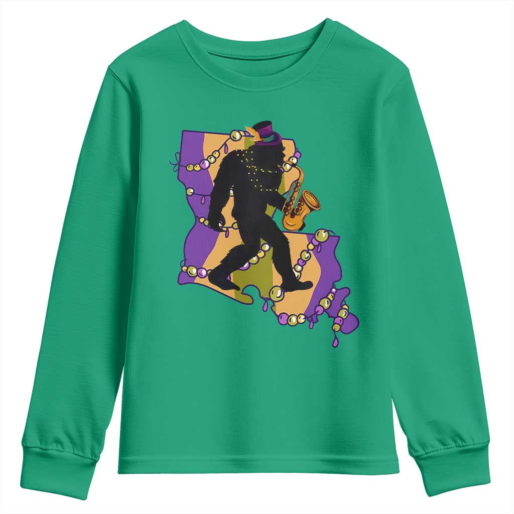 Funny Bigfoot Mardi Gras Louisiana Map Jazz Music Youth Sweatshirt