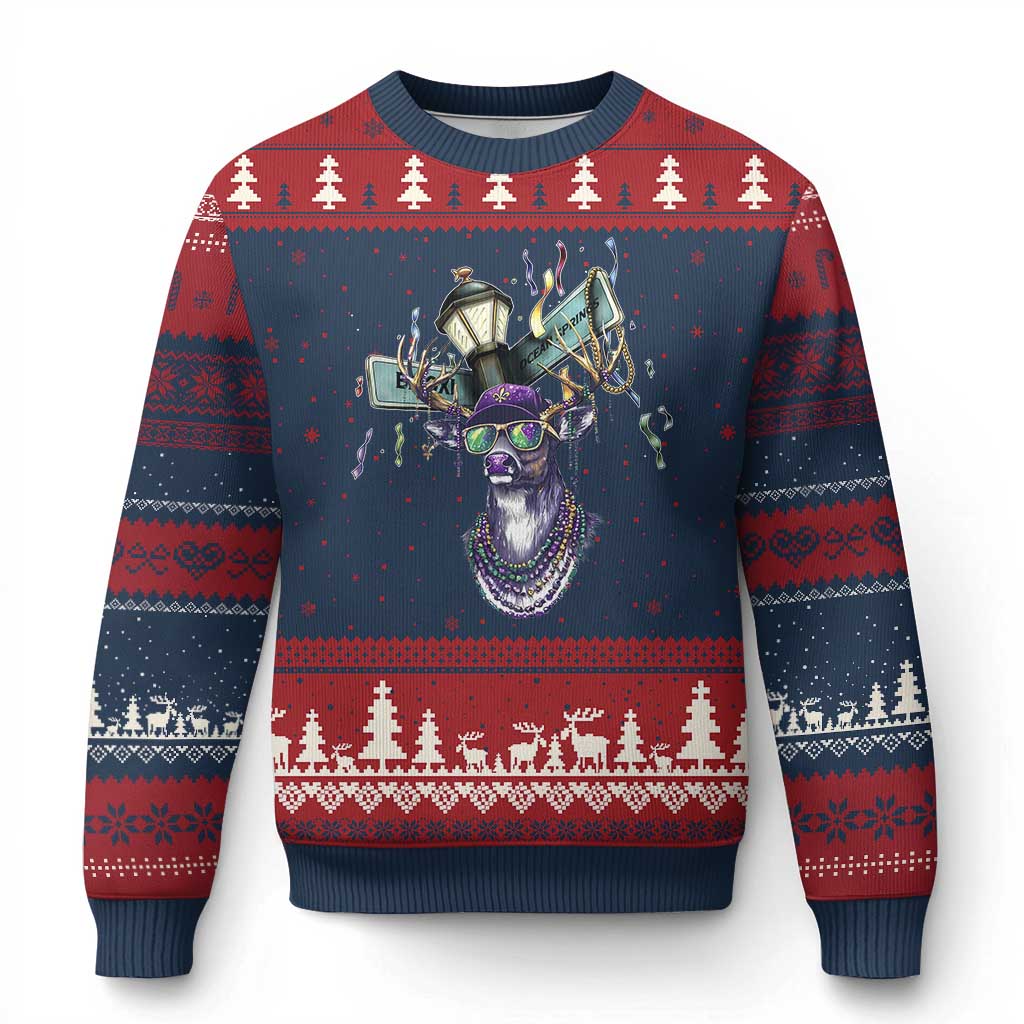 Funny Mardi Gras Mississippi Deer Ugly Christmas Sweater Biloxi Ocean Springs Carnival