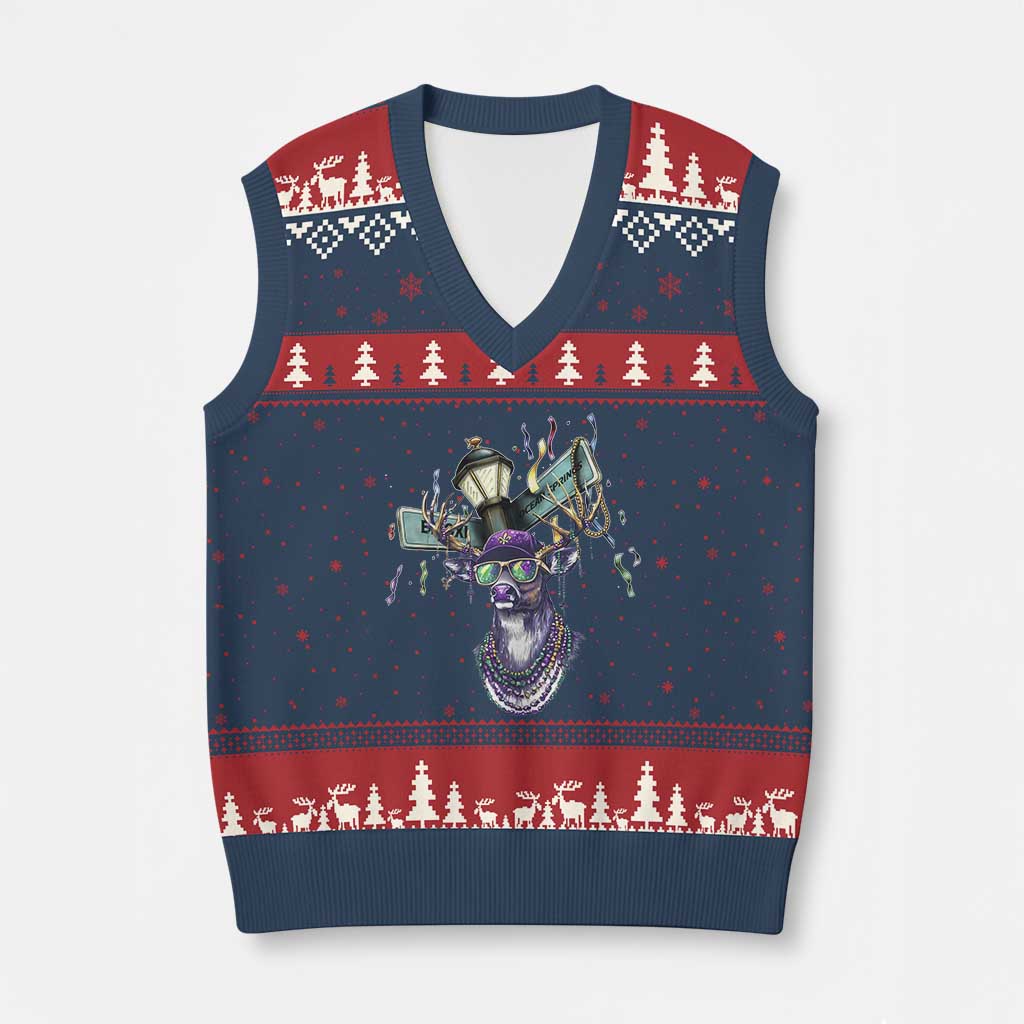 Funny Mardi Gras Mississippi Deer V-Neck Knit Sweater Vest Biloxi Ocean Springs Carnival