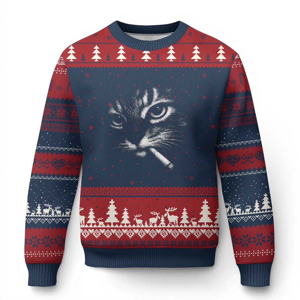 Funny Cat Smoking Cigarette Meme Ugly Christmas Sweater Cat Face Y2K Graphic