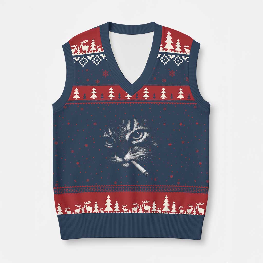 Funny Cat Smoking Cigarette Meme V-Neck Knit Sweater Vest Cat Face Y2K Graphic