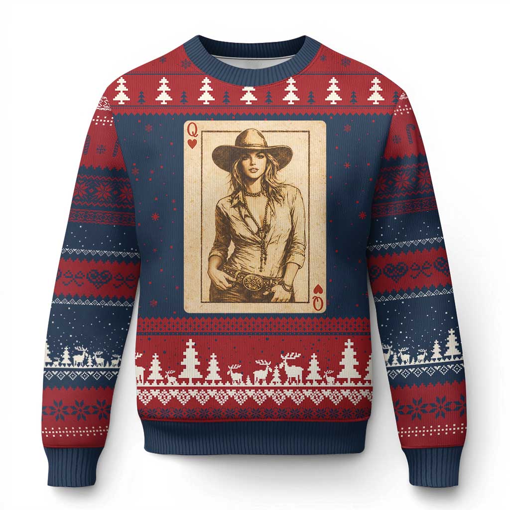Funny Western Valentine Cowgirl Queen of Hearts Card Ugly Christmas Sweater