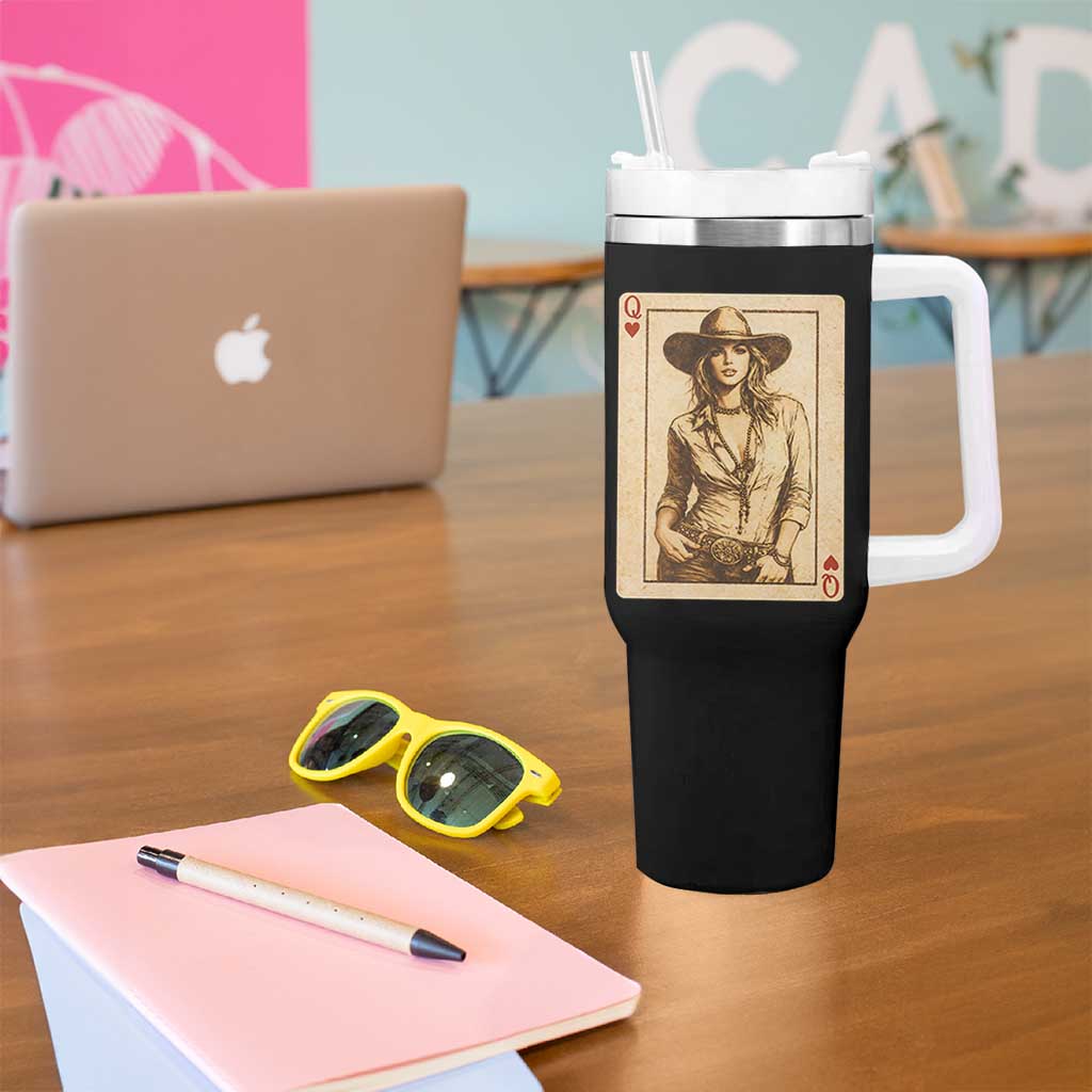 Funny Western Valentine Cowgirl Queen of Hearts Card Tumbler With Handle