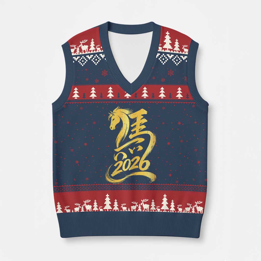 Chinese New Year 2026 V-Neck Knit Sweater Vest Year of The Horse Gold Calligraphy Art