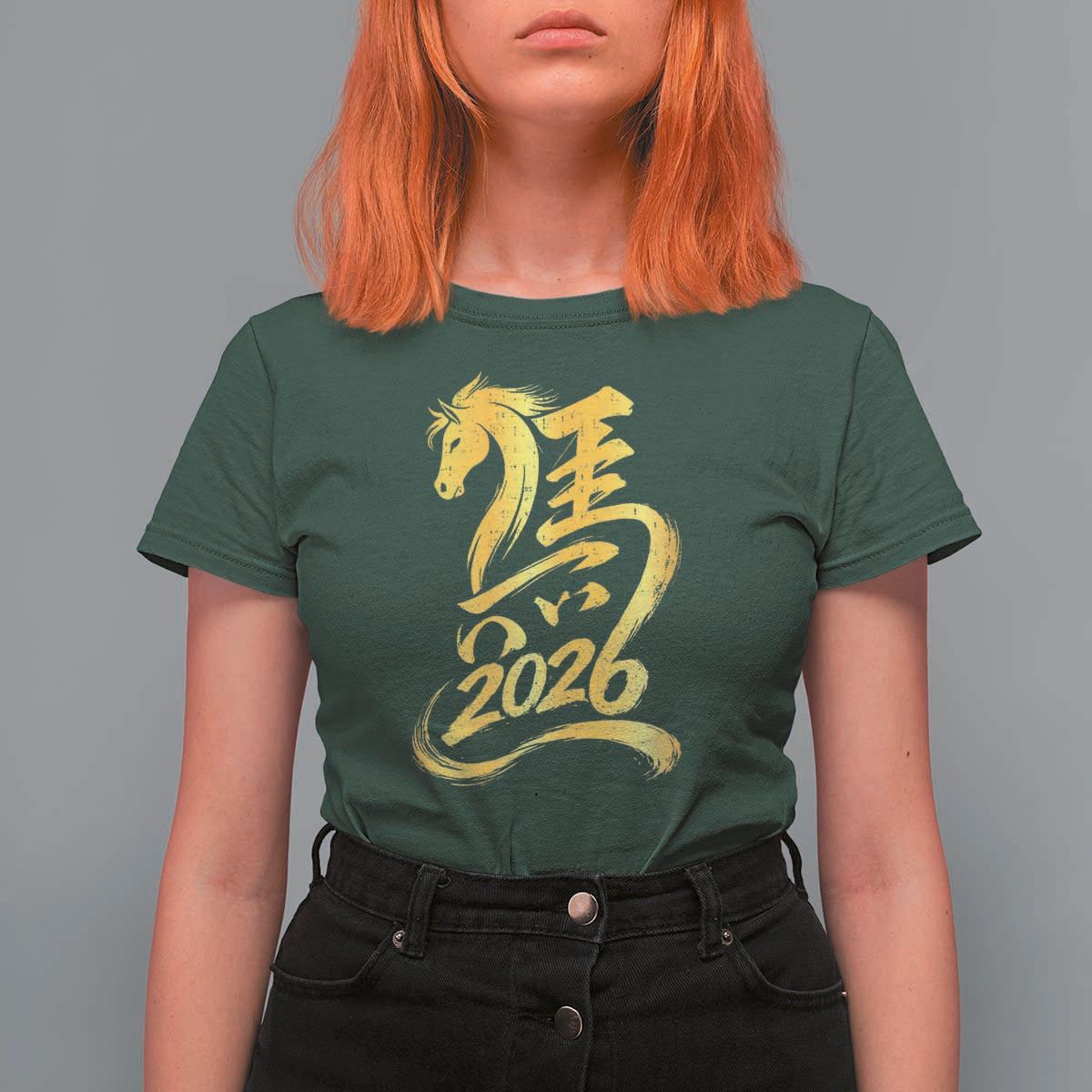 Chinese New Year 2026 T Shirt For Women Year of The Horse Gold Calligraphy Art