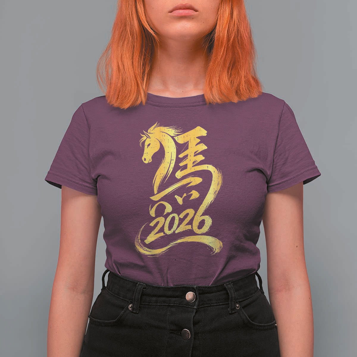 Chinese New Year 2026 T Shirt For Women Year of The Horse Gold Calligraphy Art
