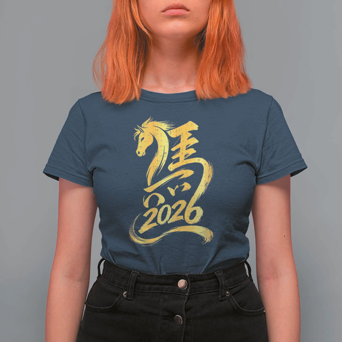 Chinese New Year 2026 T Shirt For Women Year of The Horse Gold Calligraphy Art