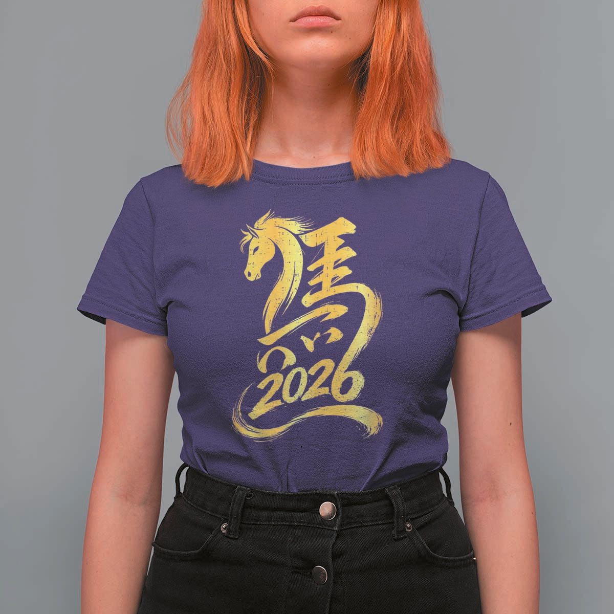 Chinese New Year 2026 T Shirt For Women Year of The Horse Gold Calligraphy Art