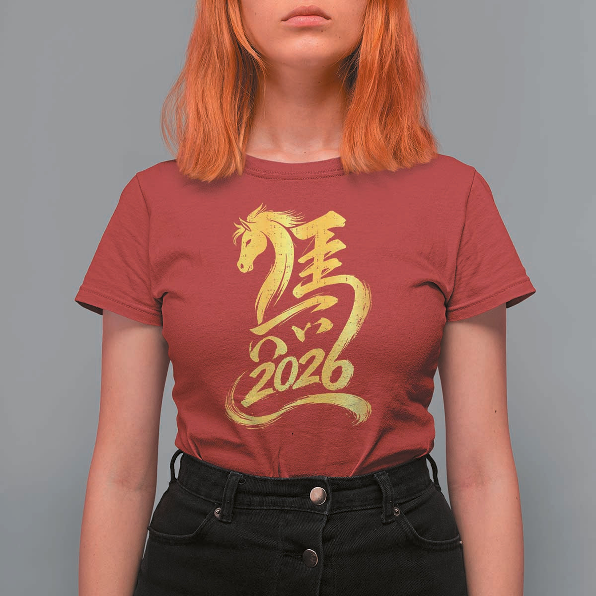 Chinese New Year 2026 T Shirt For Women Year of The Horse Gold Calligraphy Art