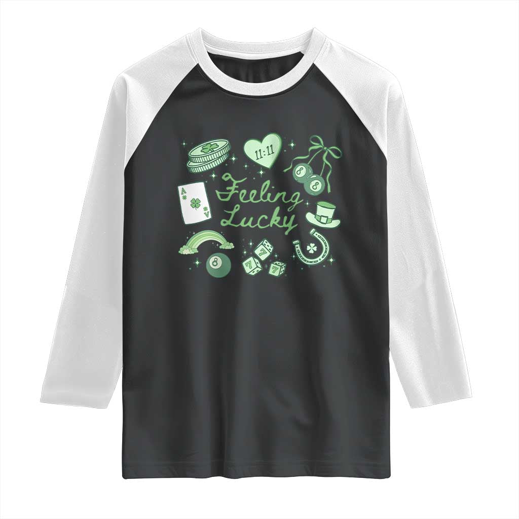 Feeling Lucky St Patricks Day Coquette Shamrock Raglan Shirt