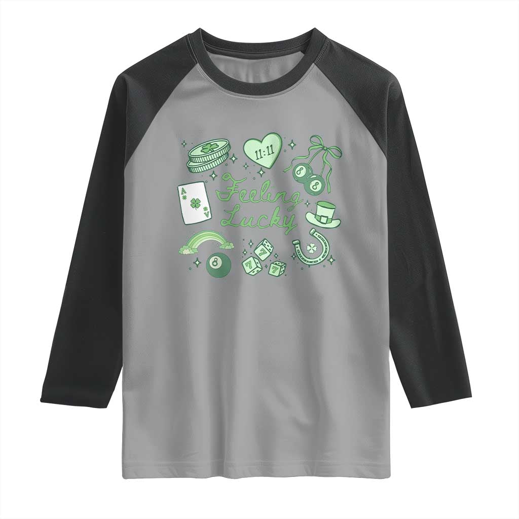 Feeling Lucky St Patricks Day Coquette Shamrock Raglan Shirt