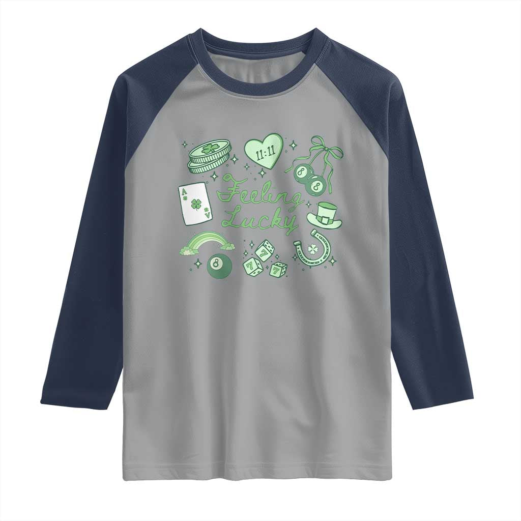 Feeling Lucky St Patricks Day Coquette Shamrock Raglan Shirt