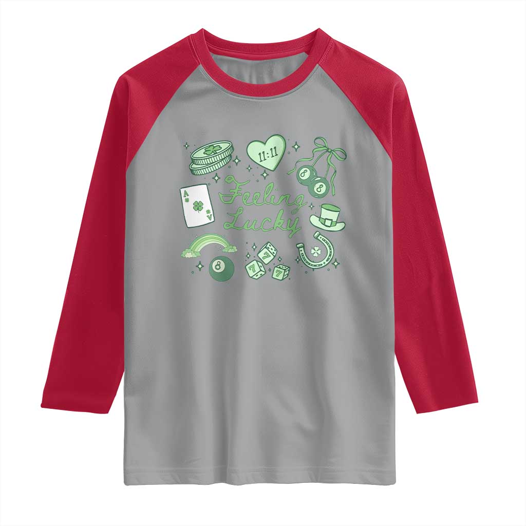 Feeling Lucky St Patricks Day Coquette Shamrock Raglan Shirt