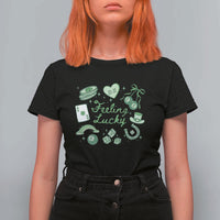 Feeling Lucky St Patricks Day Coquette Shamrock T Shirt For Women