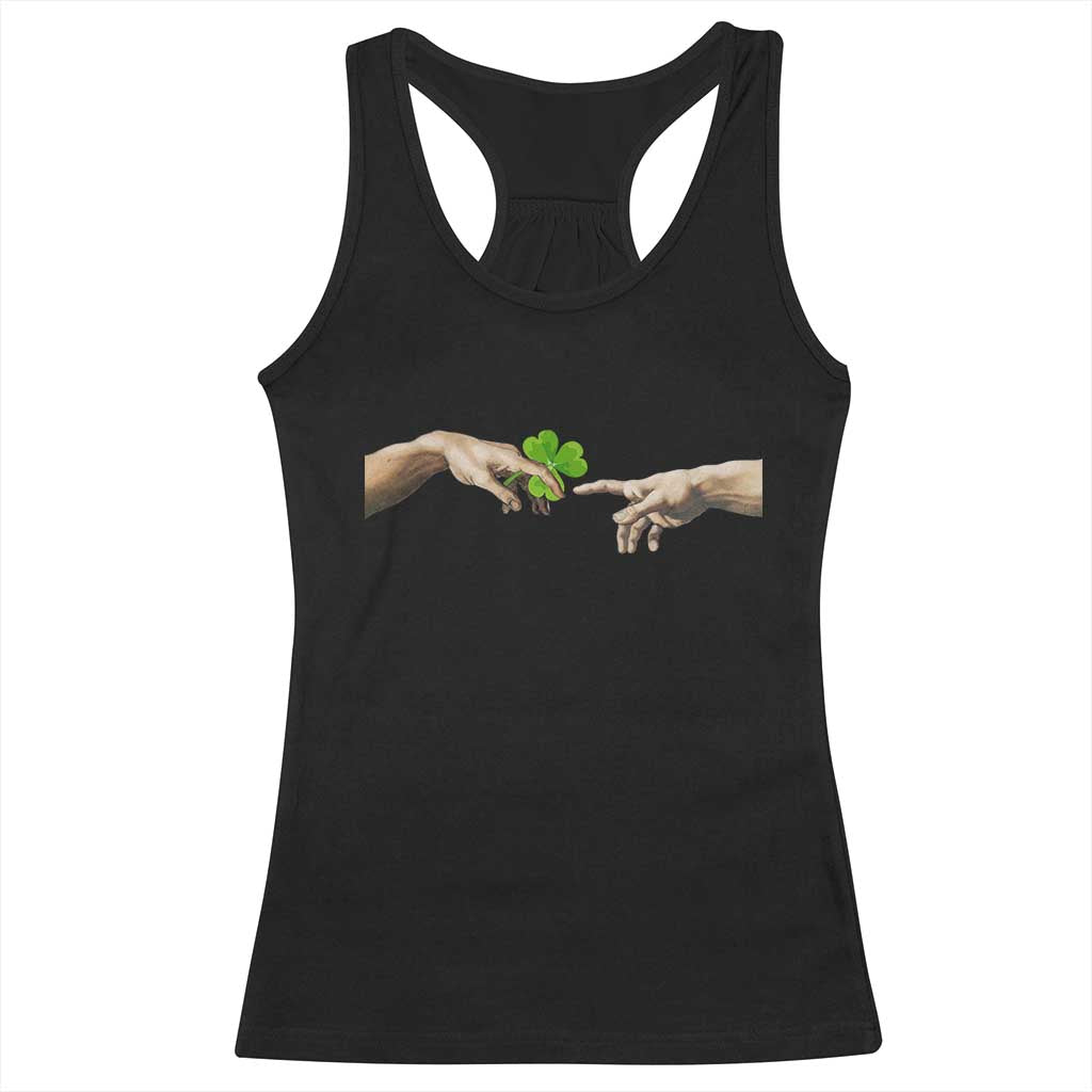 Funny St Patricks Day Shamrock The Creation of Adam Meme Racerback Tank Top