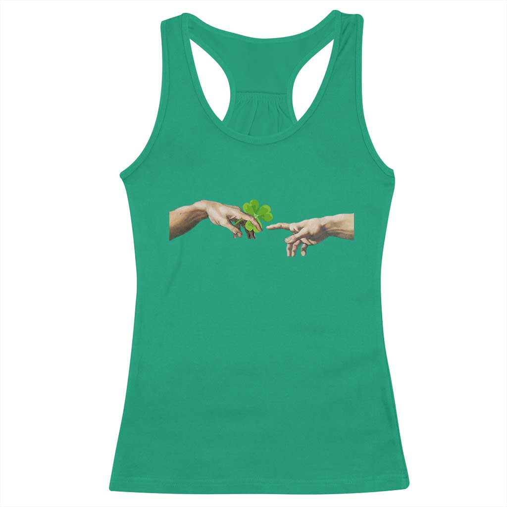 Funny St Patricks Day Shamrock The Creation of Adam Meme Racerback Tank Top