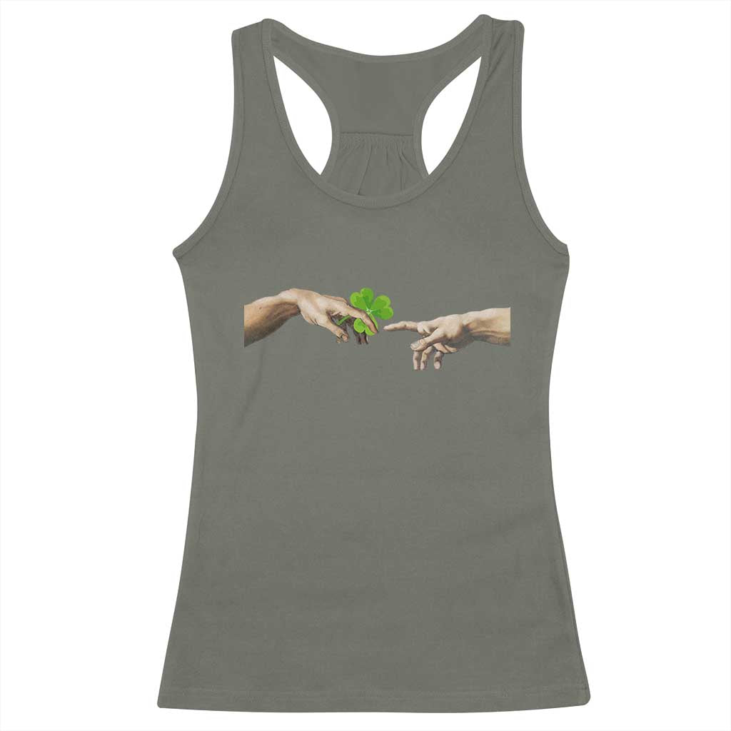 Funny St Patricks Day Shamrock The Creation of Adam Meme Racerback Tank Top