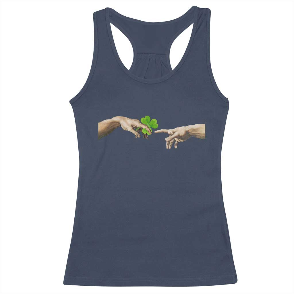 Funny St Patricks Day Shamrock The Creation of Adam Meme Racerback Tank Top